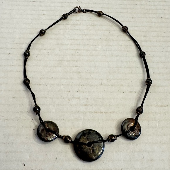 Sterling Silver Round Puffer Circle Discs Leather Cord Necklace Made in Italy - Picture 12 of 16